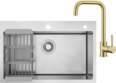 CECIPA max Spoelbak 70x45cm - Spoelbak Keuken RVS - Spoelbakken Keuken Met Keukenkraan Goud - Wasbak Keuken met Afvoersysteem- Geschikt voor 80 cm spoelbakkast