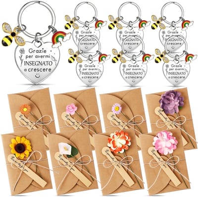 Dailygoods- Bedankcadeauset Creatief - Sleutelhanger met Regenboogbijen - Enveloppen met Gedroogde Bloemen - Wenskaarten voor Afscheid - Cadeauset voor Leraren - Waardevol Aandenken