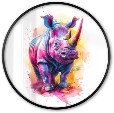 Poster in lijst Rond - Fotolijst 60x60 cm - Posters - Neushoorn - Kleurrijk - Verf - Dieren - Ronde posterlijst zwart - Decoratie - Wanddecoratie woonkamer - Muurdecoratie slaapkamer