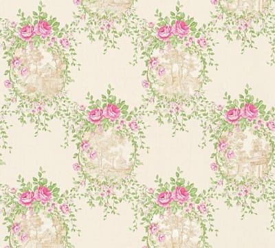 ROZENORNAMENTEN MET LANDSCHAPMOTIEF BEHANG | Klassieke Franse Stijl - roze groen crème - A.S. Création Château 5