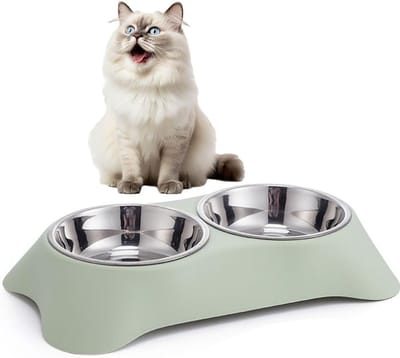 Dubbele hondenbak - antislip - anti-mors - dubbele bak van roestvrij staal - kan water en voer bevatten - geschikt voor kittens, puppy's en konijnen (groen - M - 34*20*6.5)