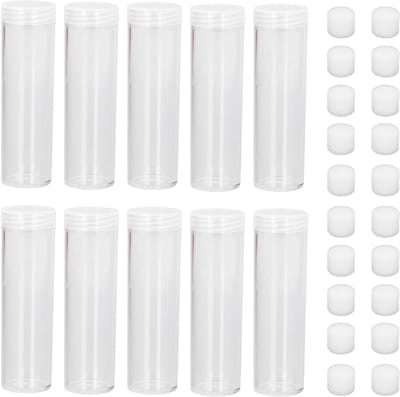 Dailygoods- Munt Opbergbuis 10 Stuks - Ronde Doorzichtige Plastic Buis - Kussen Spons Bescherming - Hoogte 11cm - Diameter 3cm - Stevig Kunststof - Muntenbuis