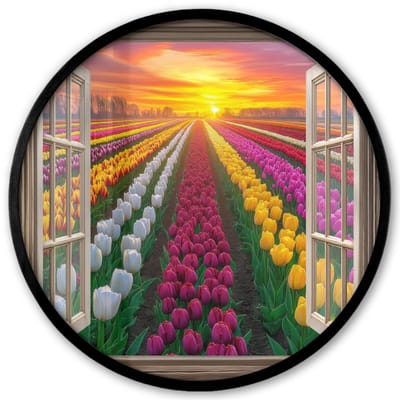 Poster in lijst Rond - Fotolijst 40x40 cm - Posters - Doorkijk - Bloemen - Tulpen - Kleurrijk - Zonsondergang - Ronde posterlijst zwart - Decoratie - Wanddecoratie woonkamer - Muurdecoratie slaapkamer
