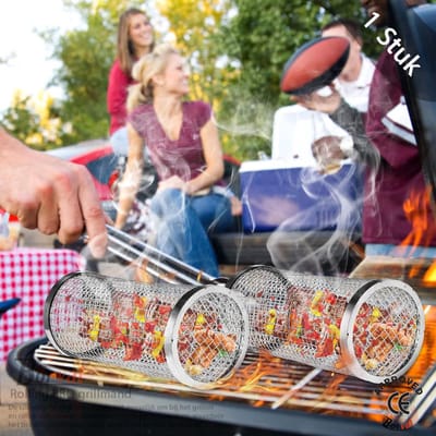 Borvat® Rolling BBQ grillmand - roestvrij staal joetisserie - grill frituurmand - cilinder - grillmand - ronde grillhouder - oven voor camping - buitengrill - kookgerei voor groenten en vis