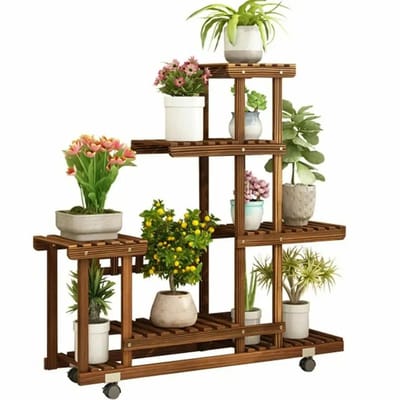 DPLUNIQ Plantenstandaard - Plantenrek - Plantentafel - Plantenzuil - 5 lagen - Wieltjes - Binnen en Buiten - 95x26 x96 cm - Grenenhout
