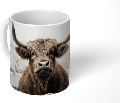 Mok - Koffiemok - Schotse hooglander - Badkuip - Badkamer - Krant - Mokken - 350 ML - Beker - Koffiemokken - Theemok