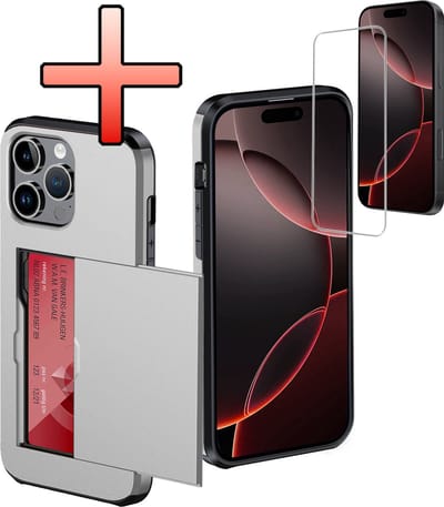 Hoes Geschikt voor iPhone 16 Pro Hoesje Pasjeshouder Hard Cover Met Screenprotector Shock Proof Hard Case Hoes Met Kaarthouder - Grijs
