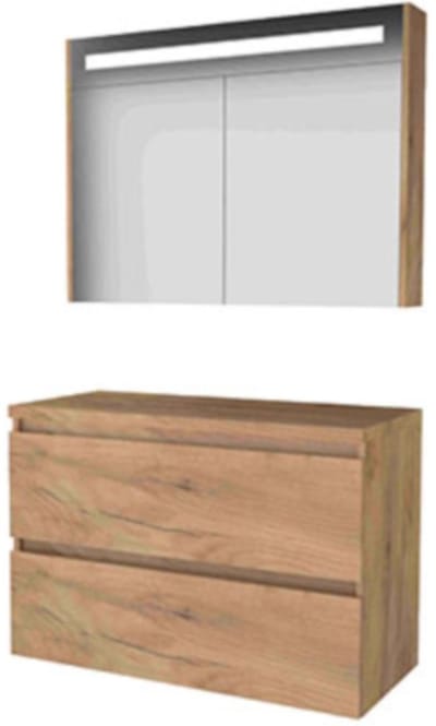 Basic-Line Premium 46 Badkamermeubelset - 100 x 46 cm - Greeploos - 2 Lades - Wastafelblad - Spiegelkast met LED Verlichting - Whisky Oak