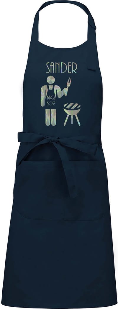 Naam cadeau - Barbecueschort - BBQ Boss - navy blauw - opdruk zilver -  cadeau Vaderdag - trouwdag - verjaardag - jubileum -
