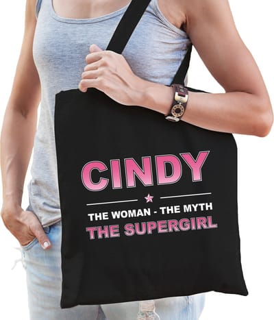 Naam cadeau Tasje voor Cindy - The woman, The myth the supergirl - katoenen - zwart - verjaardag - moederdag - collega - vriendin