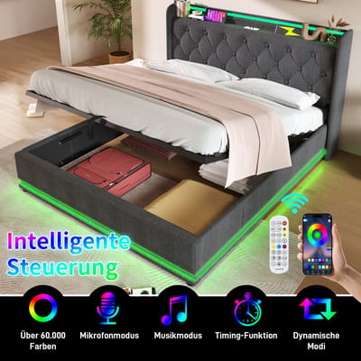 DESMIU Gestoffeerd Bed 140x200cm – Bed Met Ledverlichting En Usb Type C Oplaadfunctie – Hoofdbord Met Opbergruimte En Hydraulische Opbergruimte – Voor Slaapkamer – Linnenstijl – Grijs – Zonder Matras