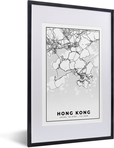 Fotolijst incl. Poster Zwart Wit- Kaart - Hong Kong - Zwart Wit - Stadskaart - Plattegrond - 40x60 cm - Posterlijst
