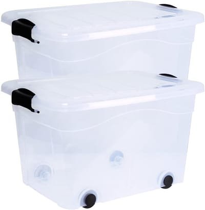 Set van 2 opbergdozen met wieltjes 20L transparant