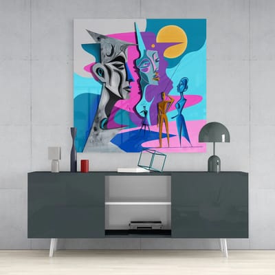 Glasschilderij Vierkant - Picasso Stijl - Wanddecoratie - Kunst - Woonkamer - Slaapkamer - 40x40 cm