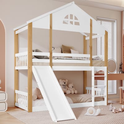 MODENUIT Stapelbed 90x200 cm – Huisbed met raam en glijbaan – Verwisselbare trap – Zonder matras – Wit en Naturel