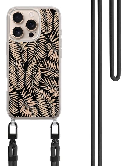 Hoesje met koord geschikt voor iPhone 16 Pro - Palm silhouette - Inclusief zwart koord - Crossbody beschermhoes - Transparant, Zwart, Beige - Mooie Telefoonhoesjes