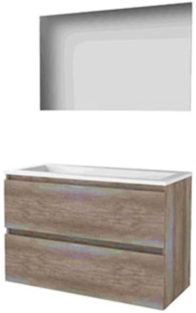 Basic-Line Ultimate 46 Badkamermeubelset - 100 x 46 cm - Greeploos - 2 Lades - Acryl Wastafel - Zonder Kraangat - Spiegel met Indirecte LED Verlichting - Scotch Oak