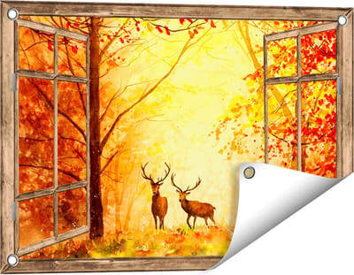 Gards Tuinposter Doorkijk Getekende Herten in het Bos - Herfst - 60x40 cm - Tuindoek - Tuindecoratie - Wanddecoratie buiten - Tuinschilderij