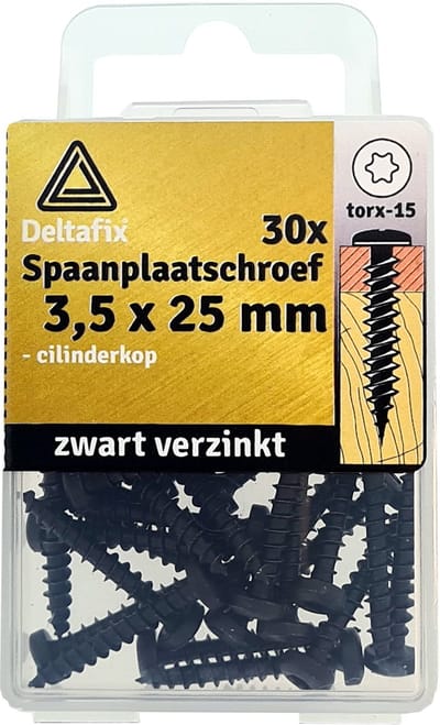Deltafix spaanplaatschroeven 3,5 x 25 mm - zwart verzinkt - cilinderkop - Torx - 30 stuks