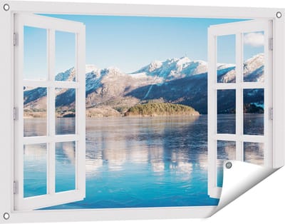 Gards Tuinposter Doorkijk Meer bij het Bergen Landschap in Noorwegen - 90x60 cm - Tuindoek - Tuindecoratie - Wanddecoratie buiten - Tuinschilderij