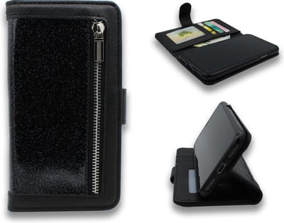 HB Hoesje Geschikt voor Apple iPhone 12 Mini - Zwart - Glitter - Luxe Portemonnee Book Case met Rits