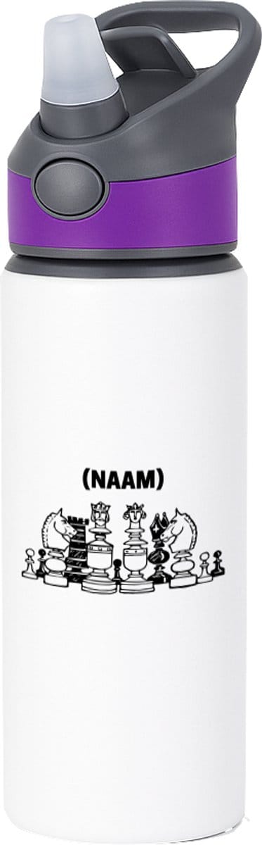 Hacebo® - Schaken met eigen naam waterfles met rietje paars - Schaken - Schaker - Denksport - water fles - 650ML