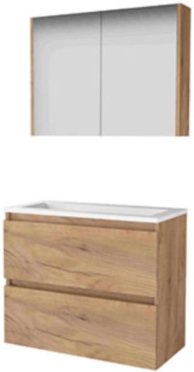 Basic-Line Comfort 39 Badkamermeubelset - Ondiep - 80 x 39 cm - Greeploos - 2 Lades - Acryl Wastafel - 1 Kraangat - Spiegelkast - Whisky Oak