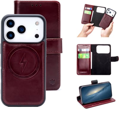 Casemania Echt Leren Hoesje Geschikt voor Apple iPhone 17 Pro - Burgundy Red - Geschikt voor MagSafe - Leer 2 in 1 Magnetisch Afneembare Book Case - Portemonnee Telefoonhoesje met Pasjeshouder