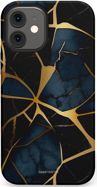 Casetastic hoesje geschikt voor Apple iPhone 12 Mini - Dubbellaagse bescherming - Sterrennacht Marmer Goud - Fashion Case - Zwart Goud Donkerblauw