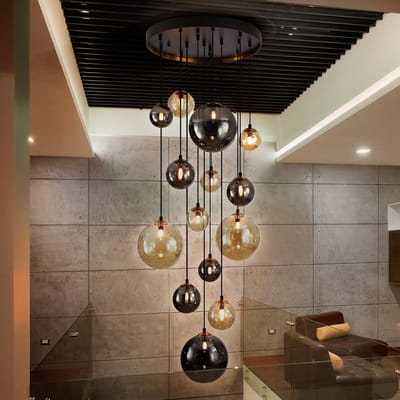 Schuller Valencia DARK hanglamp, ijzer, glas, amber, rook, Ø 60 cm