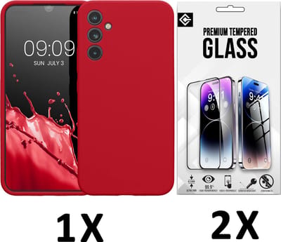 Casemania Hoesje Geschikt voor Samsung Galaxy A55 - Rood + 2X Glazen Screenprotector - Liquid Siliconen Back Cover