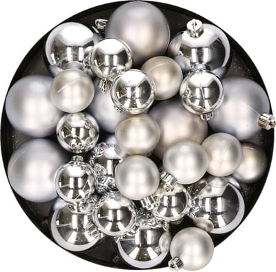Kerstversiering kunststof kerstballen zilver 6-8-10 cm pakket van 22x stuks - Kerstboomversiering
