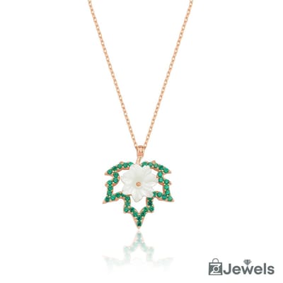 OZ Jewels – Groene Bladbloesem Ketting – Roségoud – Smaragd – Dames