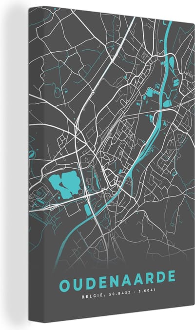 Canvas Schilderij Plattegrond – Oudenaarde – Blauw – Stadskaart - Kaart - 20x30 cm - Wanddecoratie