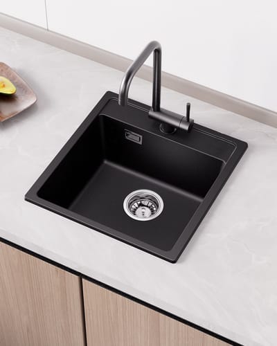 ANYCEE MAX Granieten Spoelbak voor keuken 45x46cm - Enkele Spoelbakken Graniet - Onderbouw Spoelbak Antraciet - Met waterafvoersysteem - Voor 45 cm Kast