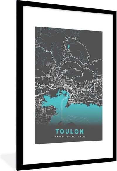 Fotolijst incl. Poster - Toulon - Kaart - Frankrijk - Stadskaart - Plattegrond - 60x90 cm - Posterlijst