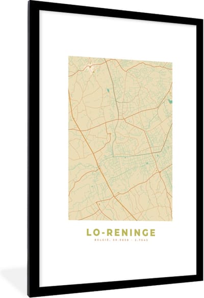 Fotolijst incl. Poster - België - Lo-Reninge - Plattegrond - Kaart - Stadskaart - 60x90 cm - Posterlijst