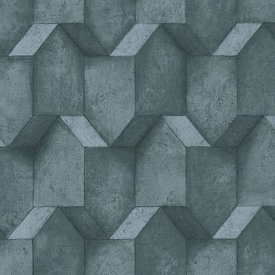 3D behang Profhome 388271-GU vliesbehang hardvinyl warmdruk in reliëf gestructureerd met geometrische vormen mat blauw petrol grijs 5,33 m2
