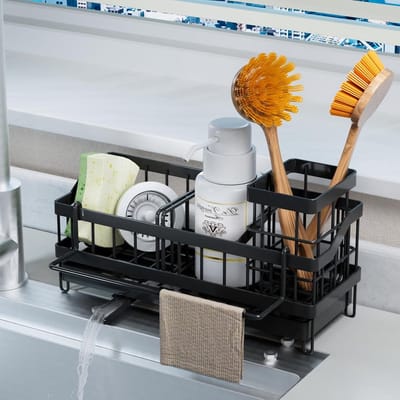 Praktische RVS Afwasbak Organizer met Sponshouder en Opbergmogelijkheid voor Keukenaccessoires en Schoonmaakproducten