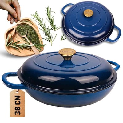 Hage - Braadpan - Geëmailleerde Gietijzeren Braadpan - Cast Iron Casserole - Geschikt voor Inductie, Gas & Oven - Inclusief Pannenonderzetter & Handgreepbeschermers - 3 Liters - Ø30 x 10.5 cm - Blauw