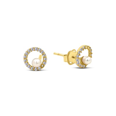 New Bling 9NBSAM-G230219 Gouden Oorknopjes met Parel en Zirkonia - Cirkel 6,3mm - Parel 2,5mm - 14 Karaat - Goud