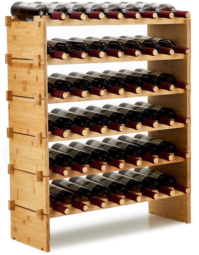 Wijnrek Bamboe voor 48 Flessen - 6 Laags Houten Wijnrek met Golfvormige Leggers, Stevig Bamboe Wijnrek voor Keuken, Eetkamer en Kelder, 76x26x76 cm