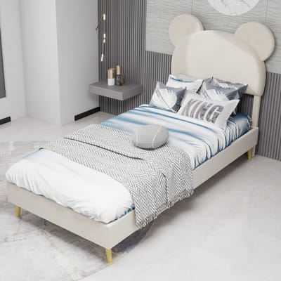 Eenpersoonsbedden - 90x200CM - Modern Minimalistisch Zacht Bed Cartoon Hoofdbord Lage Solid Box - Beige (Geen Gaslift, Geen Matras)