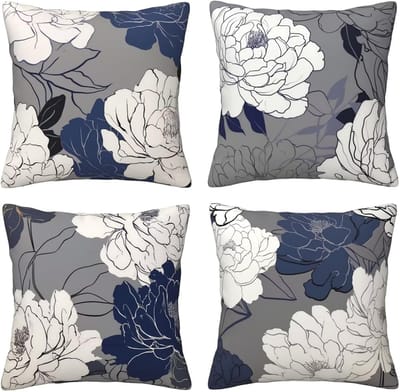 Kussenhoezen voor bank, 65 x 65 cm, set van 4, fluweel met verborgen ritssluiting, blauwe en witte bloemen, vierkant, voor bank, woonkamer, slaapkamer en stoel, decoratief I7463