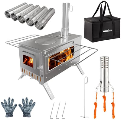 unho Camping Tent Kachel - Draagbare Houtkachel - Roestvrij Staal Buiten Koken Kachel - Houtkachel met 7 Schoorsteenpijpen voor Tent Shelter Tuin - Zilver