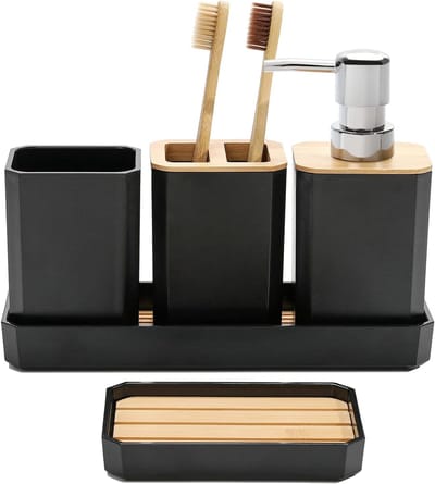 Famanu - Badkamer accessoires set, 5 stuks badkamer accessoire geschenkset, zeepdispenser, zeepschaal, tandenborstelhouder, tandenborstelbeker, make-uplade, Boho, moderne badkamerdecoratie (zwart)