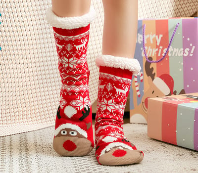 Budino® Huissokken - Verwarmde sokken - Antislip Sokken - Warme Sokken - Dikke Sokken - Anti Slip - Fluffy Sokken - Dames en Heren - Rendier Wit Rood Kerst