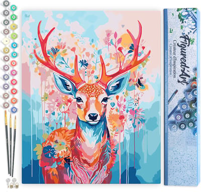 Figured'Art Schilderen op Nummer Volwassenen canvas Kleurrijke Hert in Bloei - Handwerk acrylverf Kit DIY Compleet - 40x50cm zonder frame