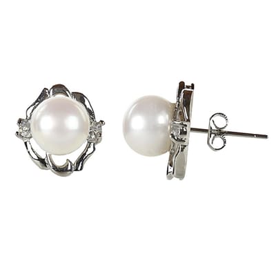 Zoetwater parel oorbellen Ada - oorstekers - echte parels - wit - stras steentjes - sieraden zakje - parel oorbellen dames - parel oorknopjes