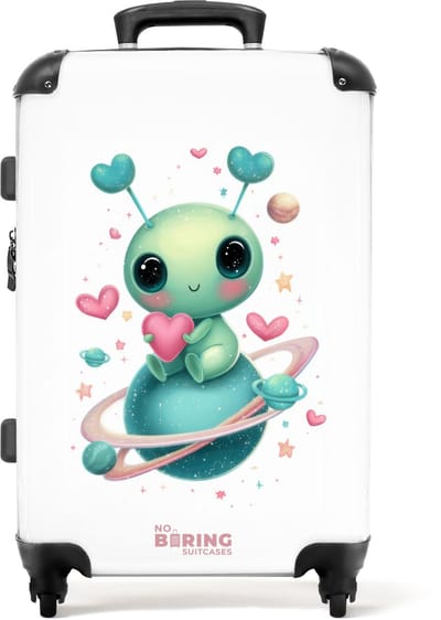 NoBoringSuitcases.com - Grote koffer - Alien die een hart vasthoud op een planeet - Kinderkoffer geschikt voor jongen en meisjes - Reiskoffer met 4 wielen - Trolley op wieltjes - Rolkoffer groot kinderen - 72 liter - Ruimbagage valies 20kg
